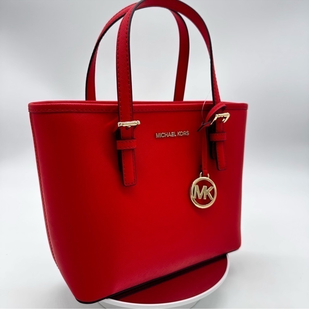 Michael Kors Jet Set Travel Extra-Small Top Zip Tote Bag Red/Gold - Picture 4 of 10